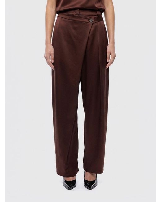 Pinko Brown Wide Leg Satin Wrap Trousers With Mid-Rise Waist