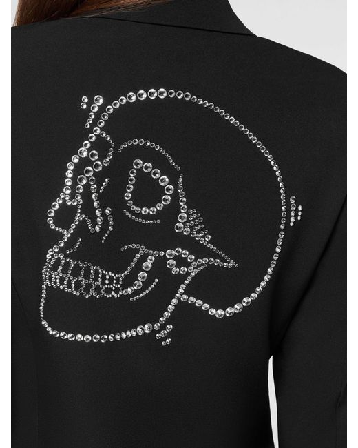 Philipp Plein Black Single-Breasted Cropped Crêpe Blazer With Skull Print And Rhinestones