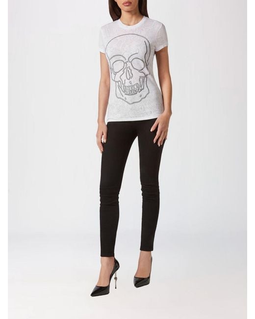 Philipp Plein White Slim Fit Cotton T-Shirt With Skull Print And Rhinestones