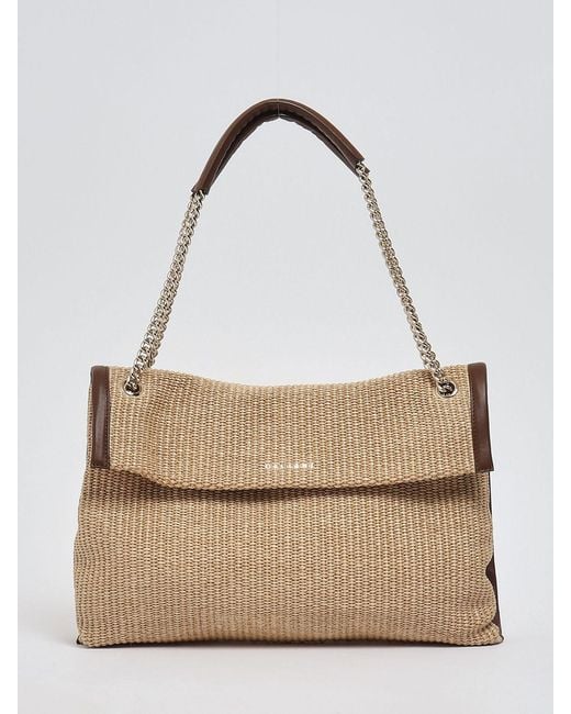 Orciani Natural Venus Raffia Shoulder Bag With Metallic Mesh Handle