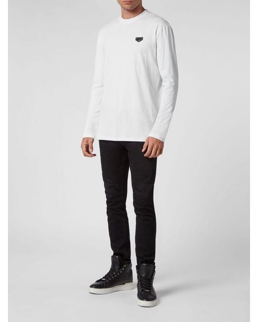 Philipp Plein White Long-Sleeved Cotton T-Shirt With Applied Logo Patch for men