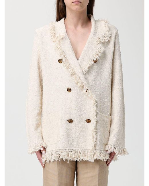 Elisabetta Franchi Natural Double-Breasted Bouclé Knit Blazer With Fringes