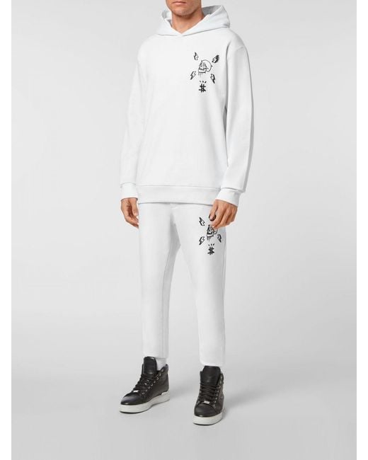 Philipp Plein White Cotton Hoodie With Skull Print for men