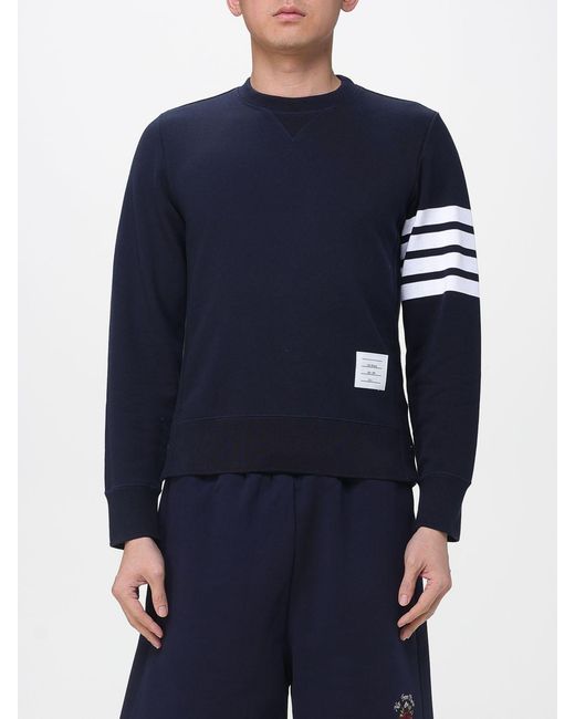 Thom Browne Blue Cotton Crew Neck Sweatshirt With 4-Bar Logo for men