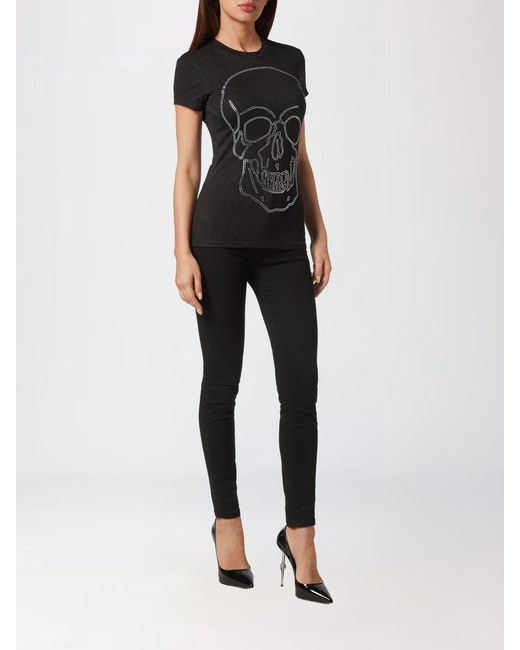 Philipp Plein Black Slim Fit Cotton T-Shirt With Skull Print And Rhinestones