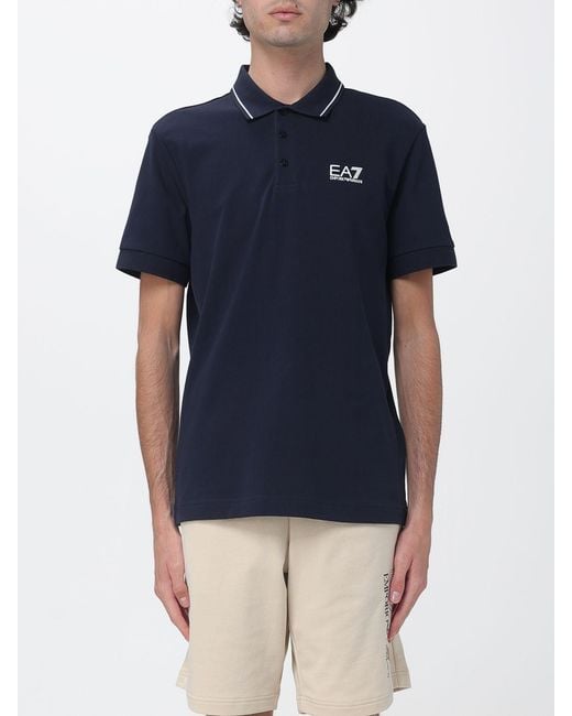 EA7 Blue Cotton Polo Shirt With Logo for men