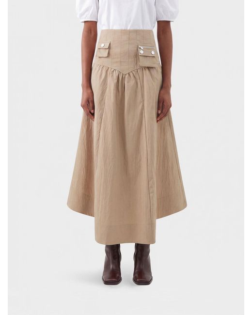 Ganni Natural Asymmetric Cotton-Blend Midi Skirt With Patch Pockets