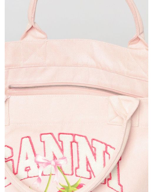 Ganni Pink Large Recycled Cotton Canvas Tote Bag With Printed Logo