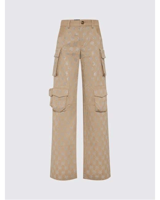 Philipp Plein Natural Cotton Cargo Trousers With Rhinestones