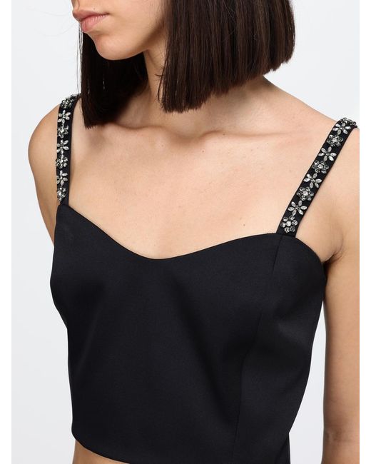 Twinset Black Satin Cropped Top With Rhinestones