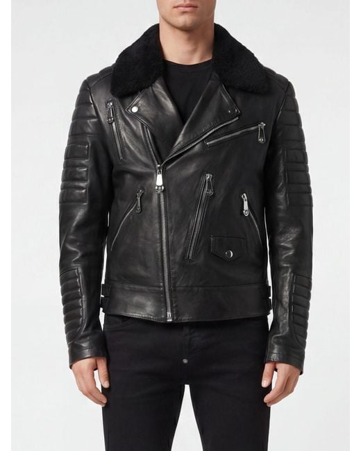Philipp Plein Black Shearling Leather Biker Jacket With Logo for men