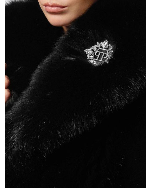 Philipp Plein Black Cropped Fox Fur Jacket With Crystals