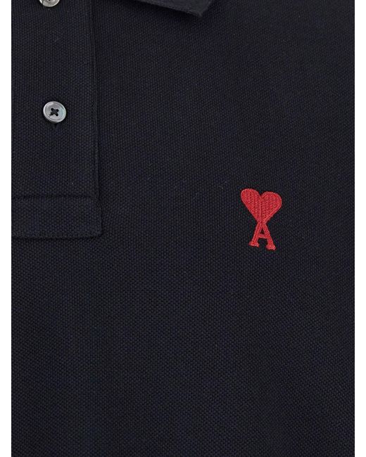 AMI Black Slim Fit Embroidered Logo Polo Shirt for men