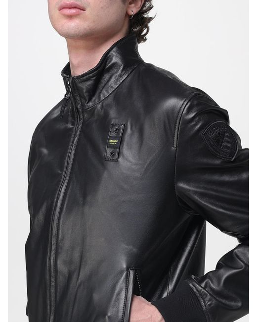 Blauer Black Leather Bomber Jacket for men