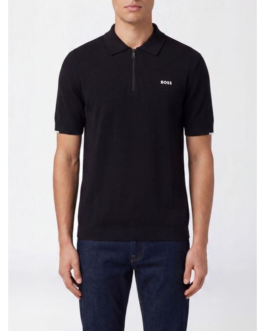 Boss Black Cotton Knit Zip-Up Polo Shirt for men