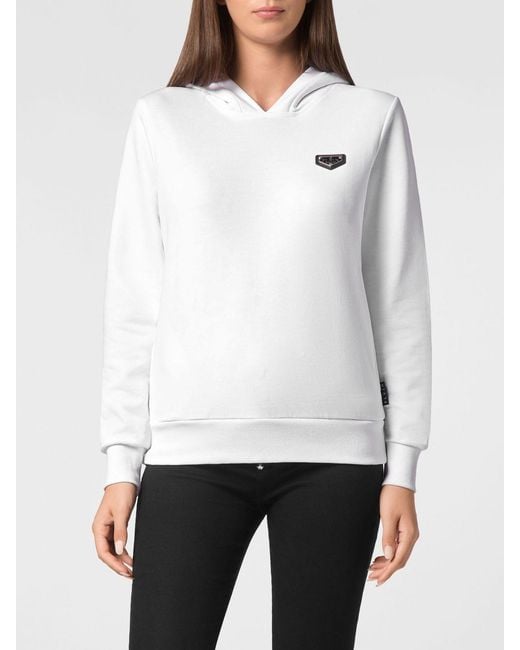 Philipp Plein White Contrast Logo Jersey Hoodie With Pouch Pockets