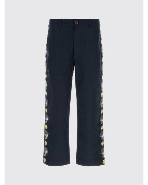 BAZISZT Blue Wide Leg Cotton Pants With Embroidered Details And Zip Fly for men