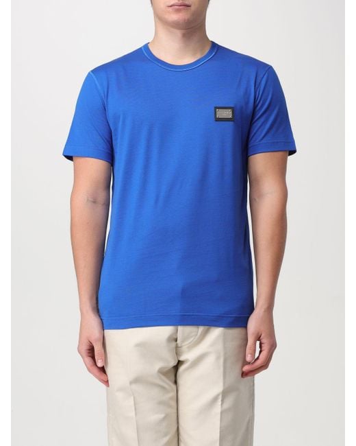 T-shirt in cotone con placca logo di Dolce & Gabbana in Blue da Uomo