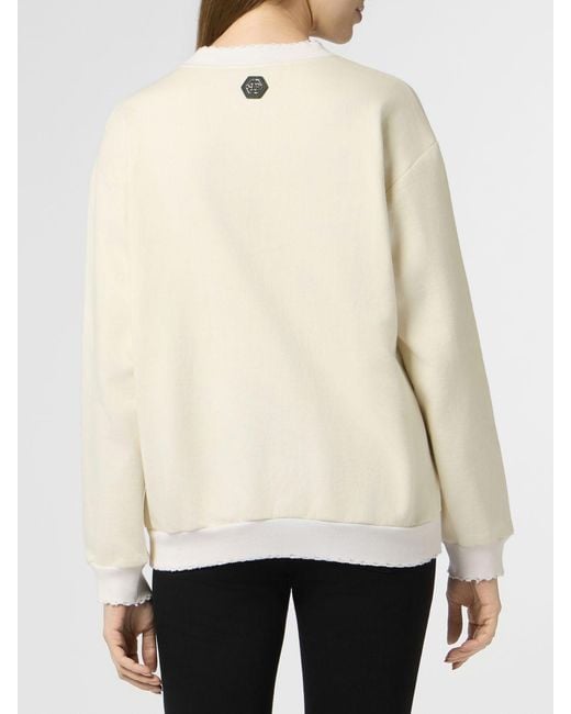 Philipp Plein Natural Cotton Crewneck Sweatshirt With Dropped Shoulders And Rhinestone Logo