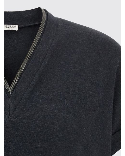 Brunello Cucinelli Blue Cotton V-Neck T-Shirt With Monili Embellishment