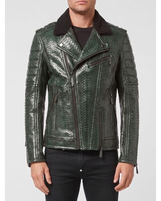 Philipp Plein Gray Snake Leather Biker Jacket for men