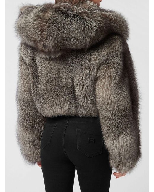 Philipp Plein Gray Cropped Fox Fur Jacket With Crystals