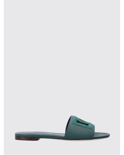 Dolce & Gabbana Green Dolce &Amp Gabbana Grained Leather Sliders With Rhinestone Monogram