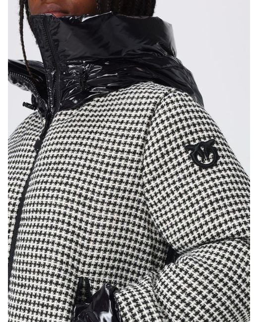 Pinko Gray Short Quilted Vichy Tweed And Nylon Down Jacket With Hood