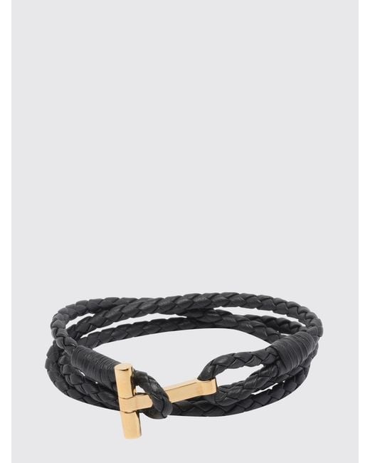 Tom Ford Black Multi-Strand Woven Leather Bracelet With T-Hook Clasp for men