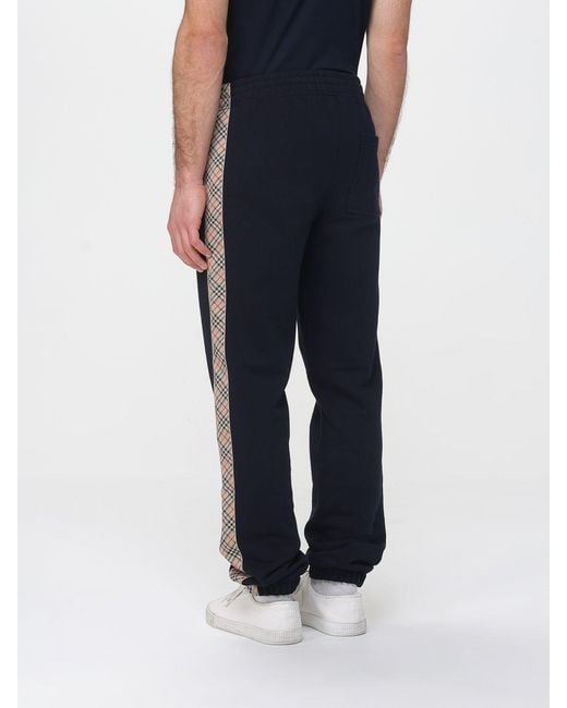 Burberry Blue Cotton Jogging Pants With Check Bands for men