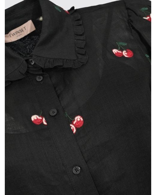 Twinset Black Ramie Chemisier Dress With Embroidery