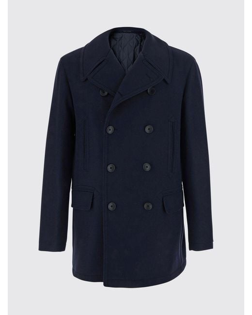 Tagliatore Blue Double-Breasted Knee-Length Wool Coat With Cuff Straps for men