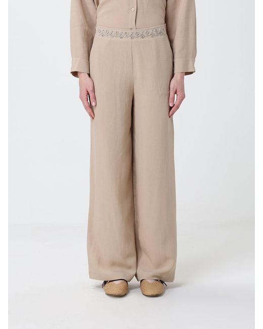 Hanita Natural Linen Blend Palazzo Trousers With Embroidery