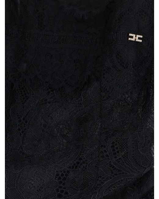 Elisabetta Franchi Black A-Line Off-The-Shoulder Lace And Tulle Mini Dress With Ruffles