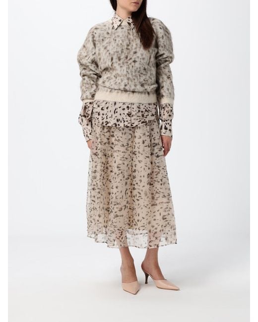 Brunello Cucinelli Natural Abstract-Print Silk A-Line Midi Skirt For