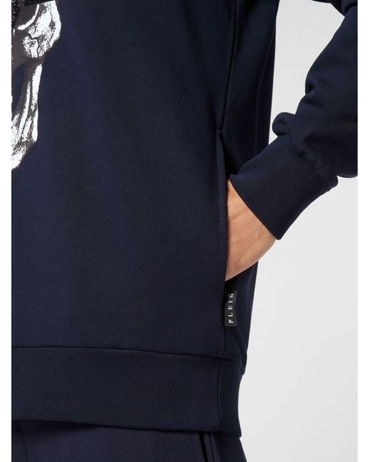 Philipp Plein Blue Cotton Hoodie With Skull Print And Rhinestone Logo for men