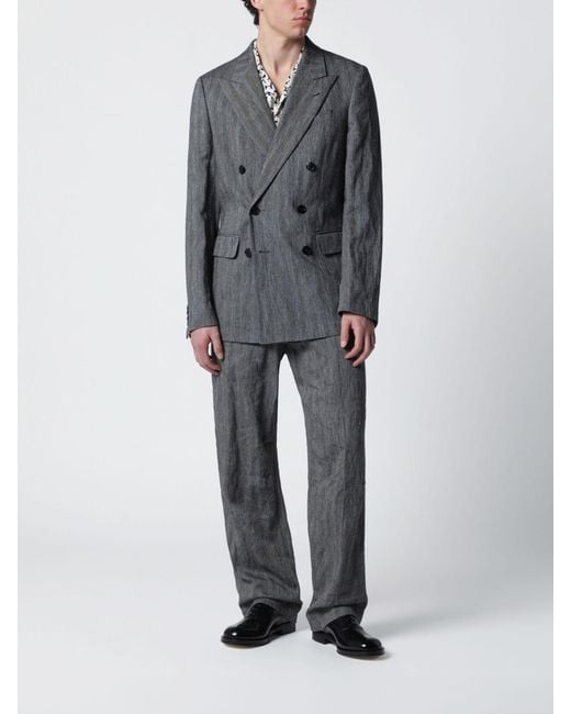 Dries Van Noten Gray Cotton And Lurex Linen Double-Breasted Blazer for men