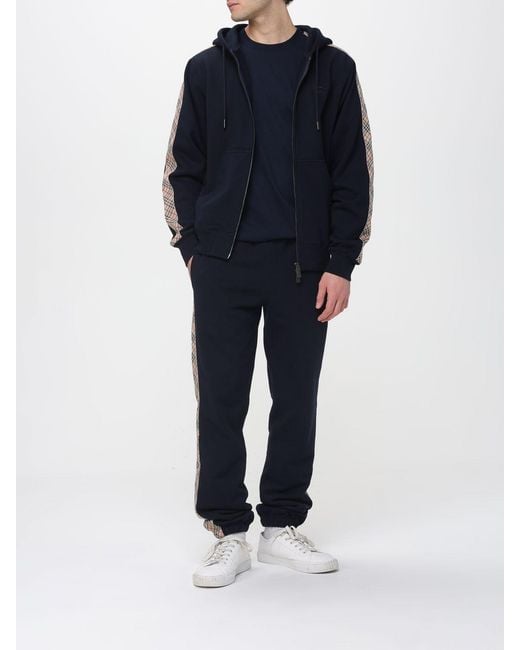 Burberry Blue Cotton Jogging Pants With Check Bands for men