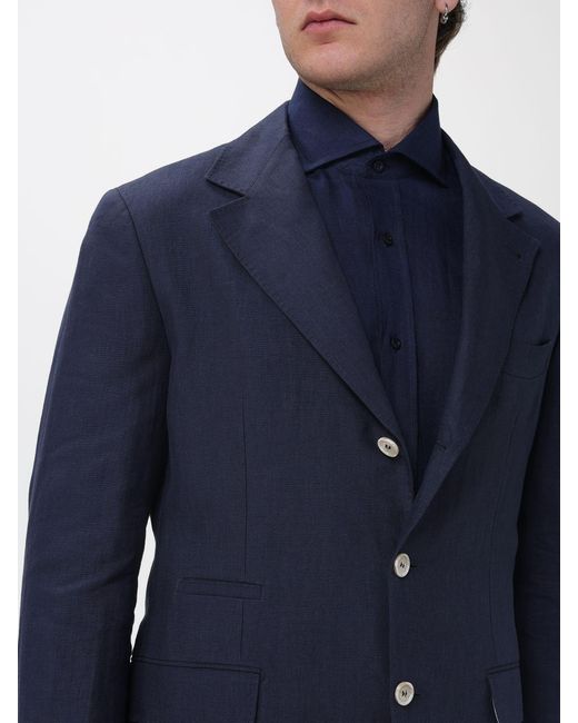 Brunello Cucinelli Blue Single Breasted Linen Blazer for men