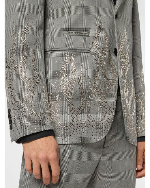 Philipp Plein Gray Prince Of Wales Wool Blazer With Applied Crystals for men