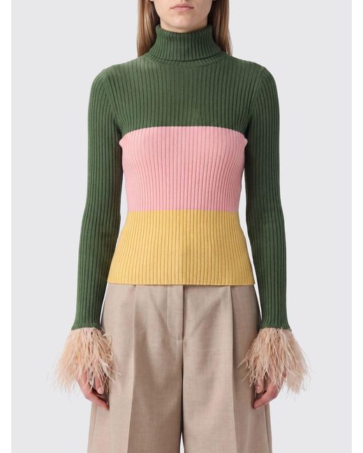 LaDoubleJ Green Abstract Print Cashmere And Silk Turtleneck Jumper With Feather Cuffs