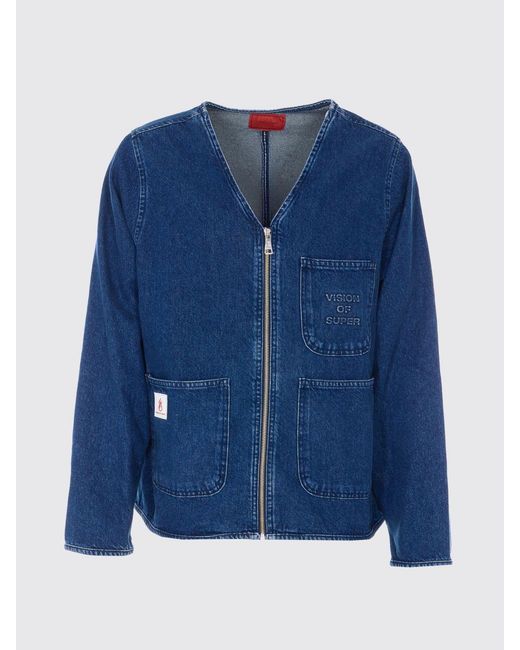 Vision Of Super Blue Cotton Denim Jacket With Zip Closure for men