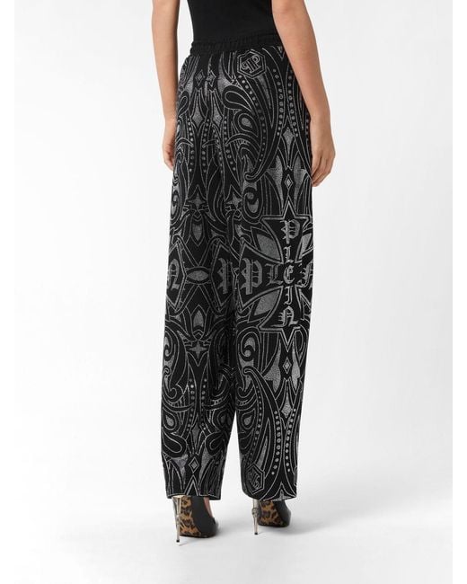 Philipp Plein Black Gothic Wide-Leg Cotton-Blend Trousers With Rhinestone Logo