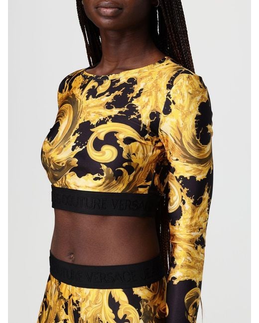 Versace Jeans Couture Yellow Crop T-Shirts With Baroque Print