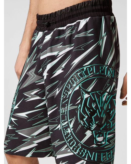 Philipp Plein Black Jersey Sports Shorts With Graphic Print And Drawstring Waist for men
