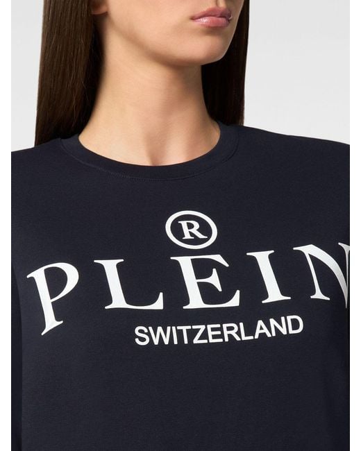 Philipp Plein Blue Crewneck Cotton Sweatshirt With Contrast Logo Print