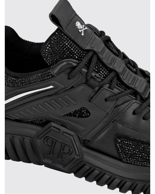 Philipp Plein Black Leather Low-Top Sneakers With Rhinestones And Hexagon Logo for men