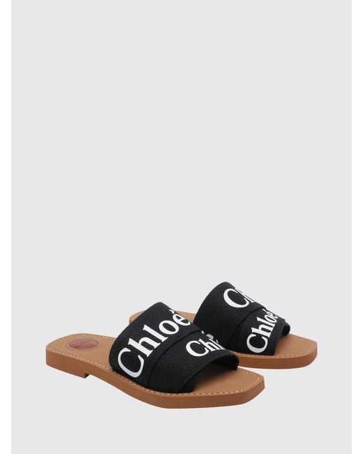 Chloé White ChloÉ Woody Canvas Slide Sandals With Logo And Square Toe
