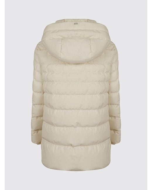 Herno Natural Knee-Length Quilted Nylon Down Jacket With Removable Hood