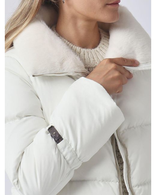 Herno White Quilted Ultra-Light Nylon Down Jacket With Fur Collar